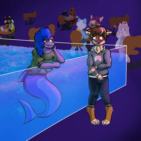 Kora and Luruel - 2 characters fully rendered with complex background + simple bg characters