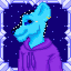 A blue lion with starlike patterns and a piercing in their ear.