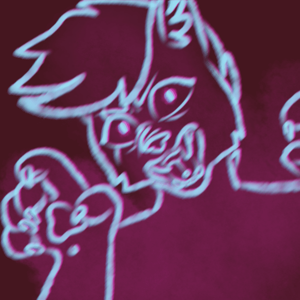 A bust Wiggly Animated Doodle of a cat character making an angry face. The piece has an eyestrain effect on it.