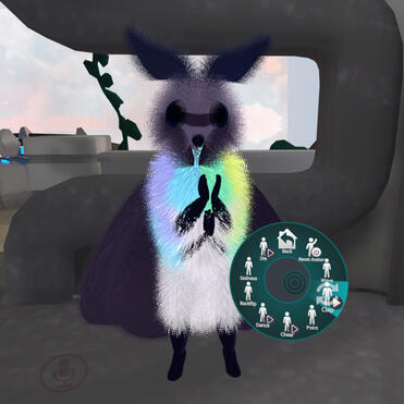A very fluffy moth with 4 arms clapping happily! This model uses a fur shader - I wouldn't go this extreme with one again, it's a nightmare to look at. Screenshot taken in VRChat default home. (me!)