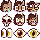 A sheet of 16x16 pixel emojis of a brown wolf character intended to be used as Twitch emotes.
