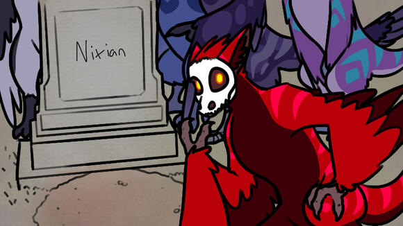 Kathios, Kamerr, Yemau (wybiebutkgayer), Kufei (wybiebutkgayer), and Raujal - "Gravestone pose" meme drawover (background is traced from original meme)